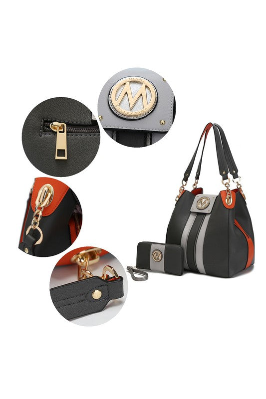MKF Mirtha Hobo Handbag with matching wallet, featuring luxurious gold tone embellishments and spacious compartments, made from high-quality vegan leather.